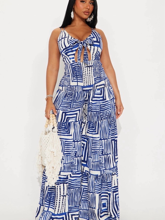 Fashion Nova Pants - Fashion Nova Blue and White Geometric Tie-Front Jumpsuit